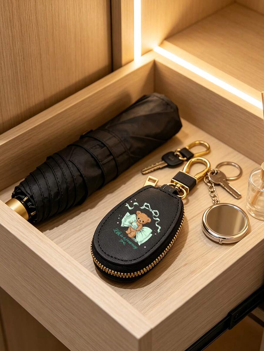Car Key Case, Bear Print Key Holder, Pu Leather Key Pouch, Cute Bow Car Key Bag, Zipper Key Storage, Portable Car Key Case, Unisex Key Holder - Multicolor - View 1