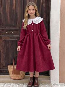 Tween Girls Christmas & Halloween Elegant Burgundy Corduroy Half-Button Cinched Waist Long Sleeve Dress With Contrast White Embroidered Lace Peter Pan Collar, Autumn/Winter Holiday Party Single Piece - Red - View 4