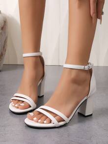 Summer New Minimalist White Thin Strap Chunky Heel Sandals Women Open Toe Buckle High Heels Commute Date Versatile Style - White - View 6