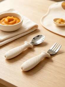 Baby & Toddler Silicone & Stainless Steel Tableware Set, Includes Spoon & Fork, With Silicone Handle, Anti-Choking Design - Multicolor - View 12