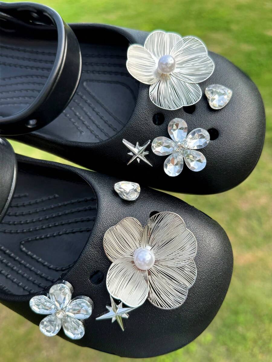 8pcs Pearl Flower Shoe Charms DIY Detachable Shoe Decorations ABS Rhinestone Shoe Accessories Suitable For Wooden Clogs Women Sandals Slippers Beach Shoes, Holiday Gift - Silver - View 1