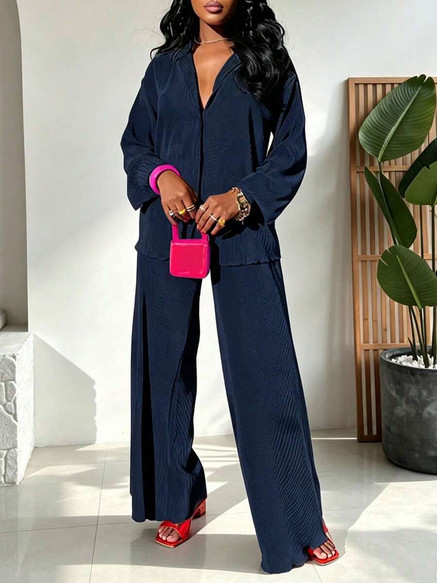 2pcs Women's Fashionable Pleated Shirt And Comfortable Wide-Leg Pants Set For Casual Wear Spring Elegant - Navy Blue - View 1
