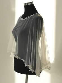 Handmade Pearl Beaded Mesh Shawl, Lightweight Sheer Short Cape, Bridal Dress Cover-Up, Fairy-Like Outer Layer Bolero - Multicolor - View 6