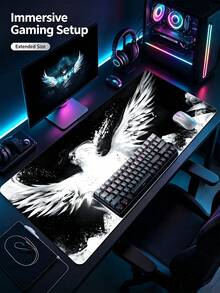 Mouse Pad Gamer Grande com Arte de Asa de Anjo em Tinta Preto e Branco, 3 Tamanhos, Superfície de Tecido Liso, Base de Borracha Antiderrapante, À Prova d'Água, Resistente a Manchas, Borda Costurada com Precisão, Tapete de Mesa para Laptop, PC, Escritório e Jogos - Visão 1