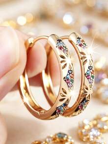 Fashion Copper-Gold Rhodium-Plated With Colorful Zirconia Hollow Ear Ring For Women - Unique Earrings - Multicolor - View 1