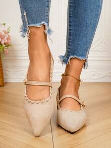 2026 New French Style Pointed Toe Flat Mary Jane Shoes For Women, Low Vamp, Elegant Fashionable For Outwear, Pairs Well With Skirts - Beige - View 4