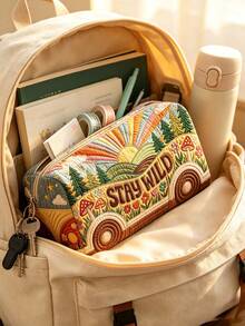Campus Style 2D Flower Bus Pattern Pencil Case/Stationery Storage Bag - Multi-Functional Large Capacity Design, Can Be Used To Store Office Supplies, Creative Multi-Purpose Pen Box Or Portable Travel Makeup Bag, Suitable For Students And Adults Daily Use, Meets Stationery Storage, Daily Organization, Overnight Travel, Vacation And Gym Storage Needs, Back To School Dorm Essential (2D Pattern, Not Embroidered) - Multicolor - View 5