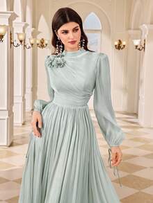 Elegant Women's Long Sleeve Stand Collar A-Line Dress, Decorated With 3D Roses And Pleated Design, Formal Charming Evening Gown Wedding Party Fall - Mint Green - View 6