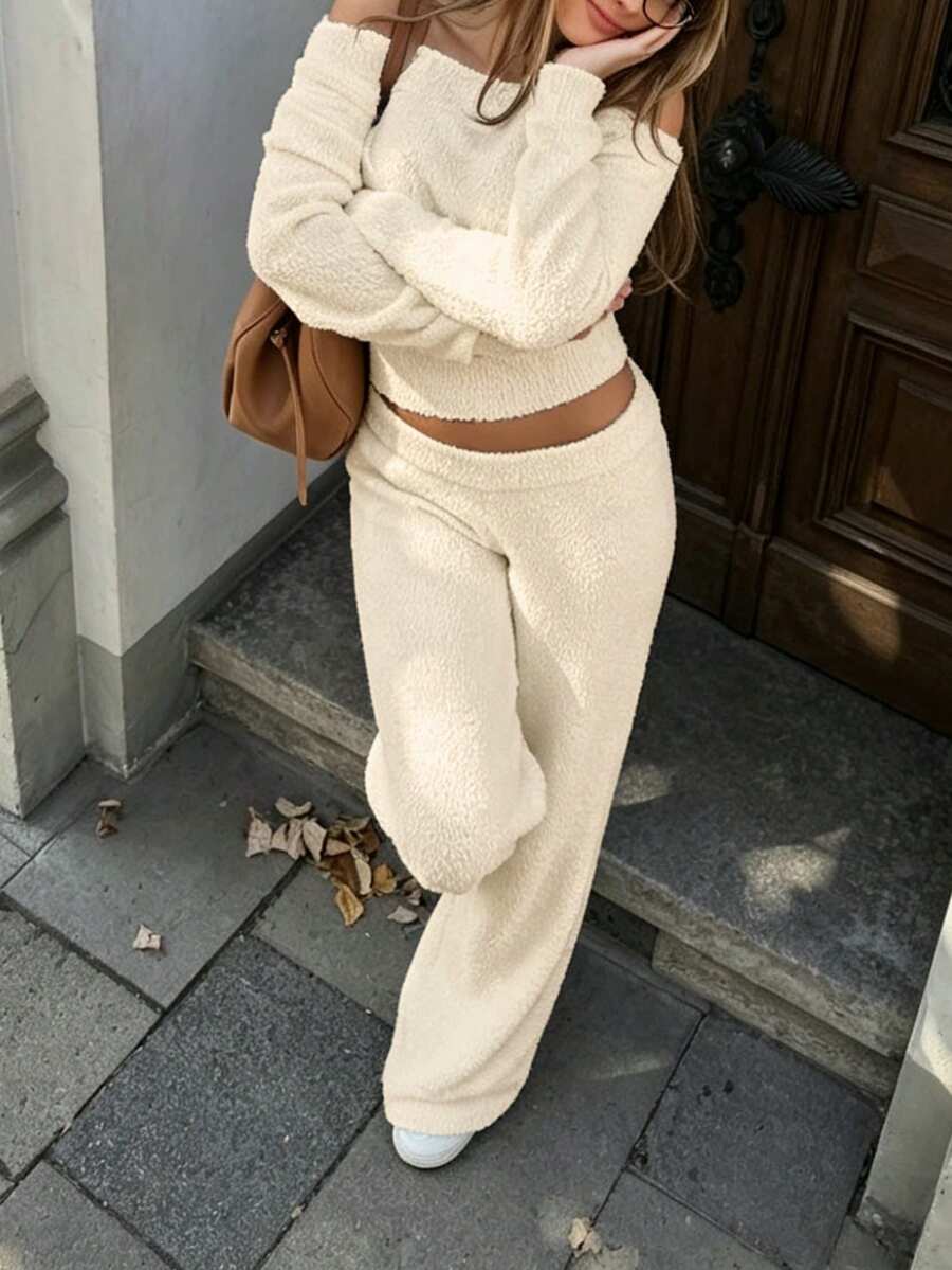 Women's Casual Daily Commuting Set, Long-Sleeve Straight-Cut One-Shoulder Neckline Top And Matching Pants Two Pieces Set, Fall Winter - Beige - View 1