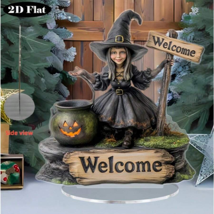 Décoration acrylique plate 2D de sorcière et citrouille d'Halloween, comprend un panneau de bienvenue, décoration de bureau vintage, sans batterie, comprend une base, cadeau d'Halloween parfait, design durable, style amusant, convient pour 11 occasions de fêtes, plat 2D
