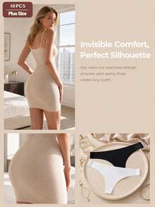 10pcs Seamless Plus Size Women's Thongs, Maillard Color Palette - Soft & Comfortable Nylon Blend Underwear, Low Waist, Elastic Fit, Opaque, Comfortable Underwear | Minimalist Style | Elastic Nylon Blend - Black and White - View 9