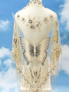 Butterfly Ruined Flower Triangular Scarf Tassel Lace Small Shawl Spring Summer Autumn Winter All-Season Versatile Small Cape Semi-Transparent Printed - Multicolor - View 12
