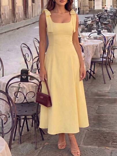 Robe de soirée midi trapèze à col carré jaune unicolore pour femmes, élégante, sans manches, avec décoration nœud papillon, robe de soirée formelle automne/hiver