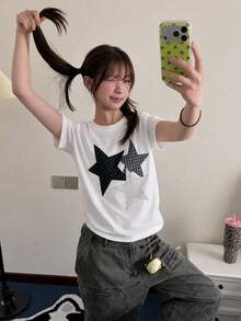 Y2K復古街頭風女款夏季新款休閒寬鬆格紋與星星印花韓系短袖T恤上衣 白色 - 白色 - 查看 5