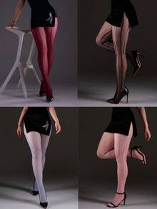 1 Pair Curve Tights Elastic Fishnet Leggings, Symmetrical Vertical Hollow Mesh Pantyhose, Gothic Style Women's Fashion Sexy Vintage Colorful Stockings, Y2K All Season Wear - Multicolor - View 3
