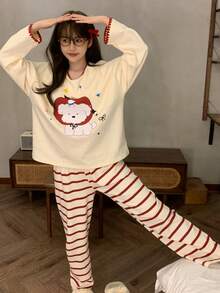 2pcs/Set Women's Pajamas Loungewear Set, Cute Animal Print Pullover Round Neck Simple Long Sleeve Pants, Comfortable For Home Wear - Champagne - View 6