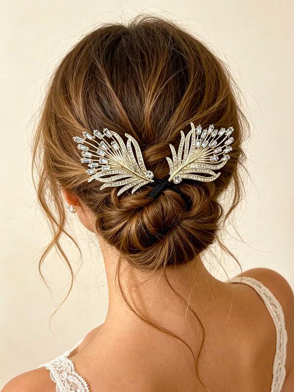 1pc Luxury Rhinestone Feather Hair Twist Clip, Women's Vintage Crystal Embellished Slouchy Twist Hair Band, Elegant Party Head Accessory