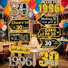 AFYPRTY 10件組紙製生日裝飾套裝 相片亭道具 黑金復古風紙製標牌 適用30歲、40歲、50歲、60歲、70歲生日派對裝飾 - 款式一 - 查看 6