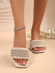 Elegant Striped Pearl Rhinestone White Summer Outdoor Flat Slide Sandals - Beige - View 3
