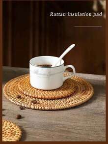 1pc/6pcs Handmade Woven Rattan Placemats, Japanese Minimalist Brown Round Heat-Resistant Anti-Scald Cup Coasters Placemats Suitable For Dining Table, Coffee Table, Home Essentials - Brown - View 8