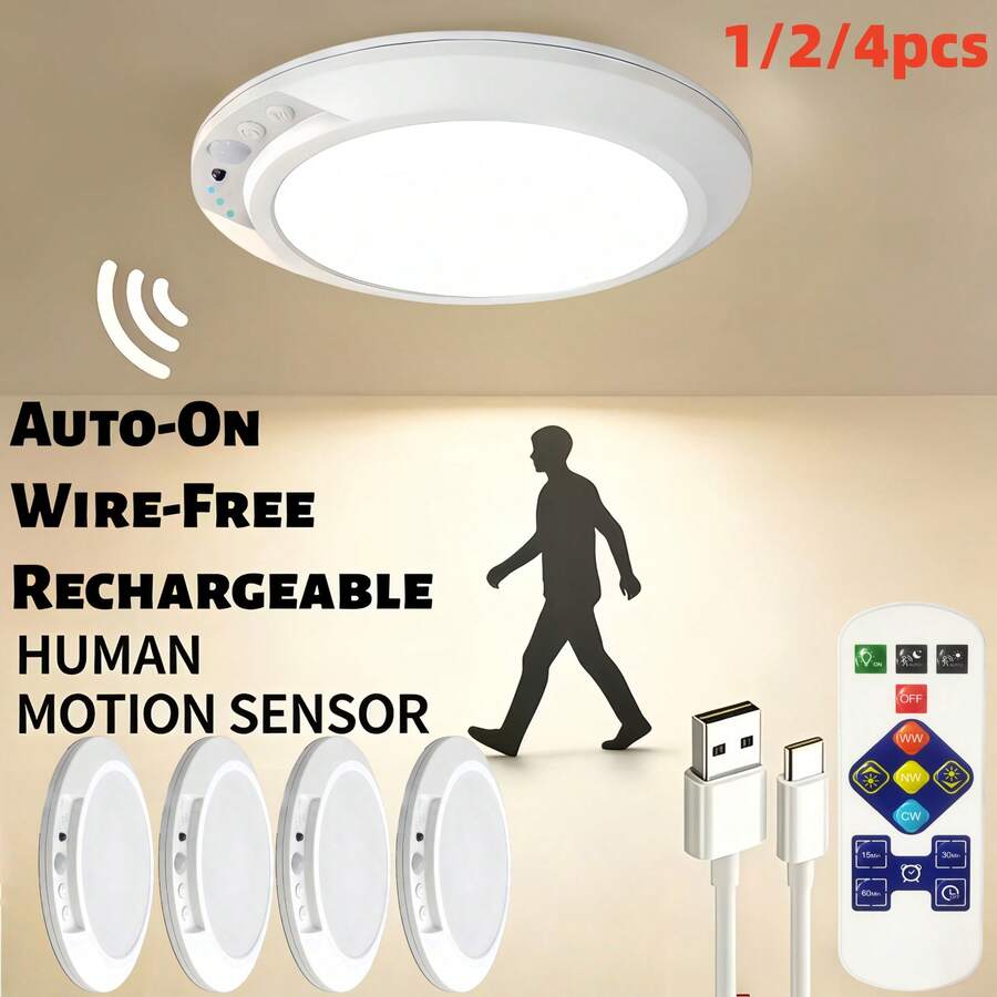 MAIBAFANG USB-C Rechargeable Magnetic Motion Sensor Ceiling Light, Battery Operated Dimmable 3 Color LED Closet Light With Remote Control Auto Motion Activated Lamp For Laundry Room Shed Hallway