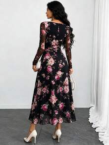 Plus Size Women's Elegant Elastic Mesh Printed Long Dress, Square Neck A-Line Dress, Fitted Waist With Ruched Detail, Suitable For Spring Autumn Garden Date Party Commute Office Versatile - Black - View 4