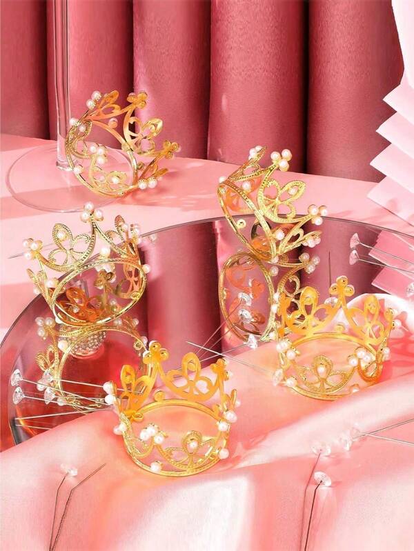 1/4/6/Pcs Reusable Pearl Mini Crown, Cake Hat Bouquet Decor, Bridal Party Birthday Baking Decoration Accessories