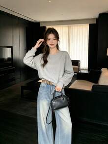 Heavy Embellished Rhinestone High Waist Wide Leg Denim Jeans With Belt, Suitable For Campus, Office, Daily Wear In Spring And Autumn - Medium Wash - View 7
