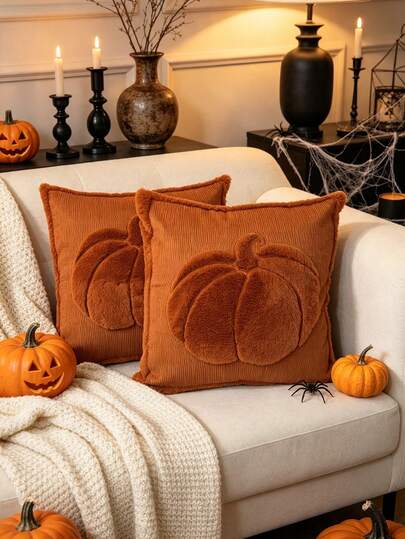 (1Pc,2Pcs Available)18x18in Embossed Pumpkin Fall Pillow Covers , Soft Faux Fur | Cozy Throw Pillow Case For Couch Cushion Cover, Chair Sofa Bedroom Living Room Fall Decor Autumn Harvest Thanksgiving All Seasons