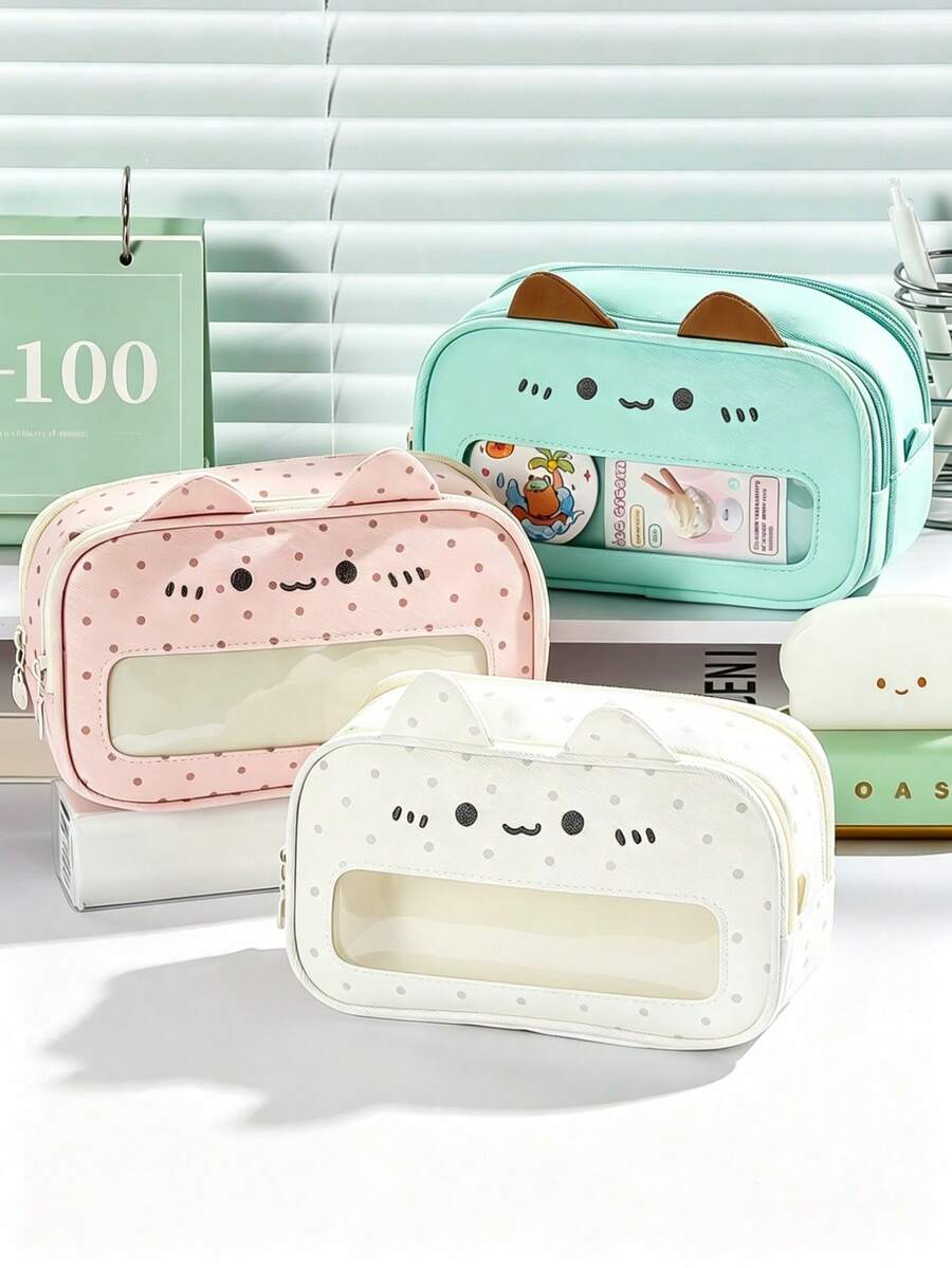 1pc Large Capacity Cat Pen Bag Pencil Case, Adorable Mint Kitten Design With Raised 3D Ear, Clear Visible Front Can Display Pins, Badges And Small Cute Ornaments Freely, School Stationery Pouch For Students, Back To School