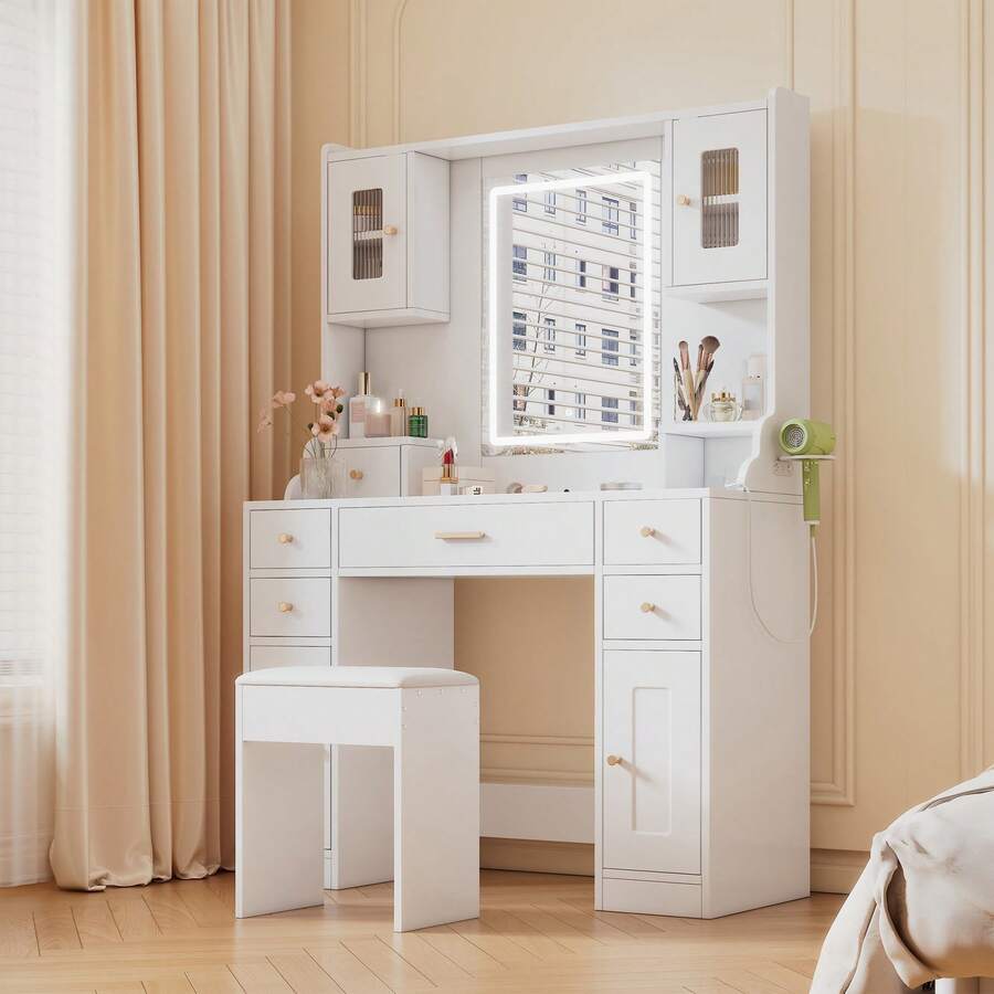 105 * 152 * 40 Cm Dressing Table/Vanity In A Modern, Minimalist Style / High-Quality Vanity Made Of Chipboard / With Adjustable LED Lighting And Power Outlet / Equipped With 6 Drawers And 4 Doors / Suitable For The Bedroom / White - 白色 - 查看 1