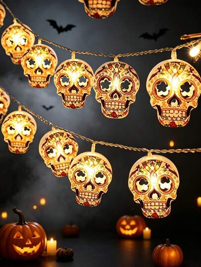 10/20 LED Painted Skull Halloween String Lights, Warm White Day Of The Dead Decorative Light String, Battery Powered Indoor/Outdoor Decorative Lights, Suitable For Fireplace, Window, Yard, Holiday Party, Home, Bedroom, Wall Decoration