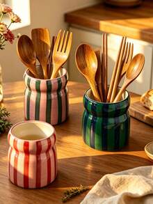 4pcs Handmade Wavy Ceramic Utensil Holder, Glossy Macaron Color Cutlery Storage Canister, Kitchen Countertop Utensil Organizer, Multi-Functional Spoon Fork Chopstick Holder, Farmhouse Style Tabletop Home Decor - Multicolor - View 10