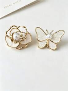 1pc Hollow High-End Floral Brooch, Korean Style Camellia And Pearl Butterfly Brooch Pin, Suitable For Women's Daily Wear Decoration - Multicolor - View 3