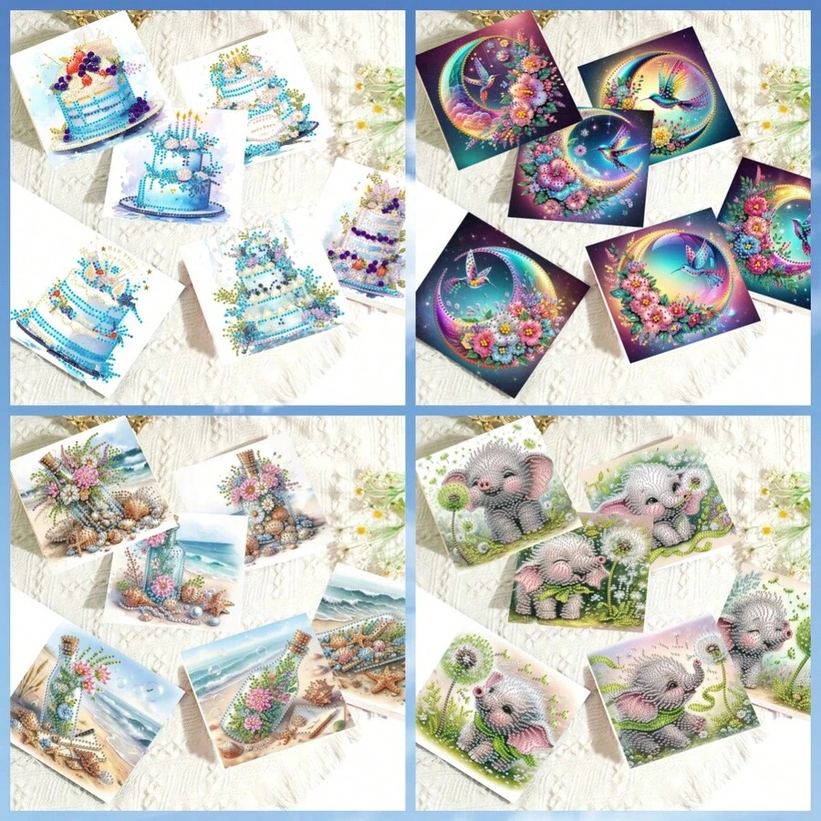 6pcs Diamond Painting Greeting Card Kit, Cake, Bird, Drift Bottle, Elephant Theme, Paper Material With Round Crystal Rhinestone Embellishments, Suitable For Christmas Eve Gift Card, Birthday Gift