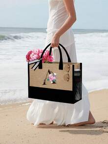 Women's Beach Tote Bag With Shoulder Strap, Pink Peony Flower A-Z Letter Print Tote Bag, Comes With Shoulder Strap And Makeup Bag; Vacation Beach Commute Shopping Bag, Gift Bag With Side Pockets, Large Capacity Handbag, Can Hold Books, Cosmetics, Parasol, Suitable For Daily Commute, Travel, Picnic, Camping, Students, Large Capacity Laptop Tote Bag, Student Commute Canvas Bag, Back To School Gift, Teacher's Day Gift - Multicolor - View 7