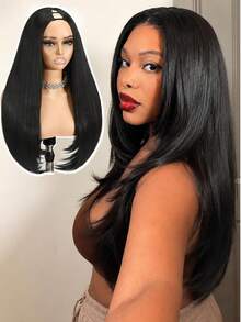 Quantum Love Half Wig Yaki Straight V Part Wig Inward Curl Ends Layered Synthetic Hair Black 24In - Black - View 8
