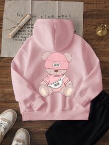1pc Girls Big Tween Girl Hooded Sweatshirt Soft Cute Striped Bear Pink Children's Hooded Sweatshirt Sweet Healing Style Loose Casual Sweatshirt For Spring And Autumn - Pink - View 5