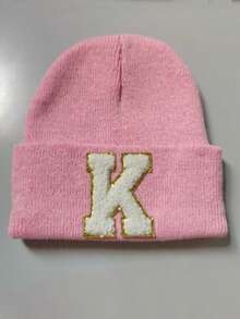 1PC Children's Knitted Hat With 26 Letters Pattern, Solid Color Knitted Caps, Children Hats For Girls, Warm Beanies For Outdoor, Autumn/Winter - Pink - View 5