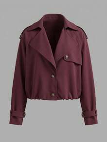 Button Long Sleeve Minimalist Trench Coat, Elegant College Style For Commute And Daily Wear - Burgundy - View 6