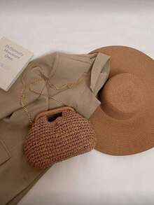 Elegant Women's Crochet Woven Bag, Soft Raffia Texture Handbag, Unique Woven Pattern, Fashion Accessory For Summer Outings And Casual Wear - Khaki - View 4