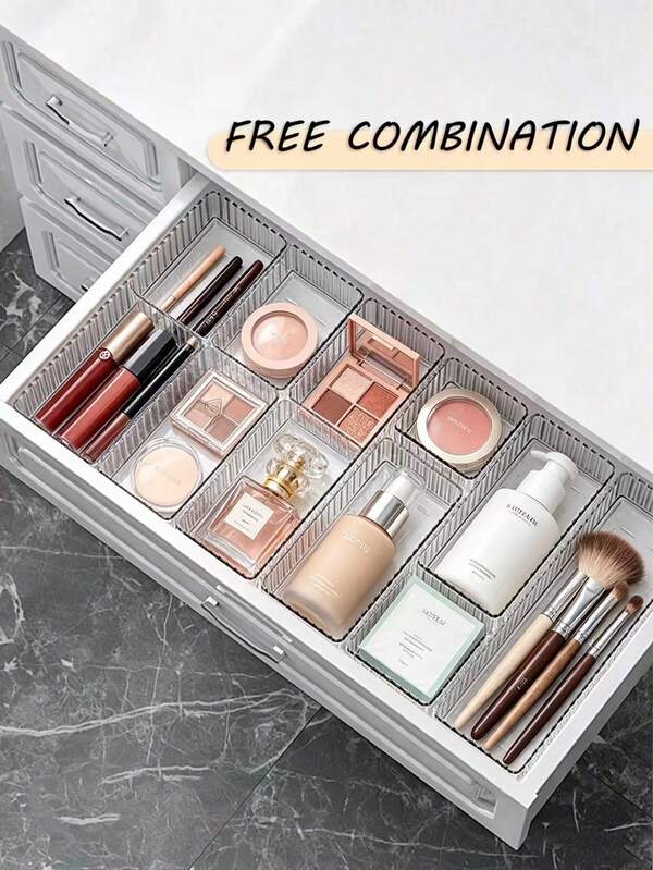 10/7/6/5/1 piezas Caja de almacenamiento de cosméticos para cajón/escritorio, hecha de material PET, se puede utilizar para almacenar de forma categórica suministros de oficina, accesorios para el cabello, cosméticos, productos de belleza, vajilla, artículos de uso diario, joyas, decoraciones del hogar y artículos de baño.