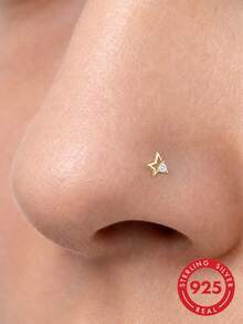 1Pc 925 Sterling Silver Five‑Pointed Star CZ Nose Stud Flat Back Hypoallergenic Body Cartilage Piercing Jewelry For Women Men Daily Wear & Gifts - Gold - View 1