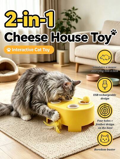 2-In-1 Cheese House Interactive Cat Toy, Scratch-Resistant And Bite-Resistant, Stimulates Hunting Instinct, 3 Modes, Rechargeable, Automatic Hide-And-Seek, Suitable For Indoor Adult Cats And Kittens, Boredom Relief Toy