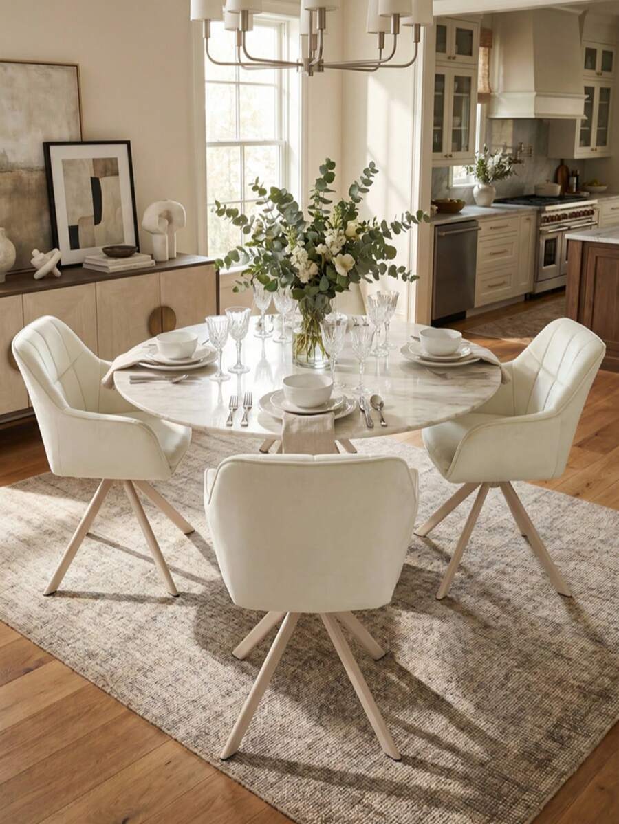 Goeurvant Modern Grid-Stitched Upholstered 360° Swivel Dining Chairs With Armrests And Removable Cushion For Dining Room, Living Room, Office - Set Of 2 / Set Of 4 / Set Of 6-Cream/Textured Fabric
