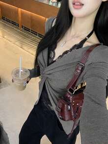 Women's Long Sleeve Lace T-Shirt 2 In 1 Top, Early Autumn - Grey - View 6