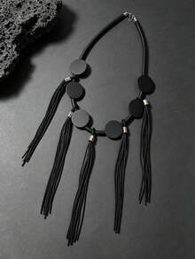 MARLIWOO 1pc Minimalist Long Draped Tassel Necklace, Unique Niche Versatile Accessory, Vintage Gothic Style - Black - View 4