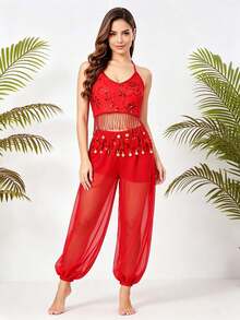 Professional Belly Dance Coin Fringe Embroidered Halter Crop Top, Elastic Waist Dot Mesh Harem Pants For Dance Training, Flamenco Shows And Competitions - Multicolor - View 4