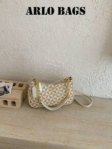 Off White Triangular Pattern Hobo Bag, Contrast Light Trim, Convertible Chain Shoulder & Cross Strap Lightweight Handbag For Shopping Office Occasion - White - View 3