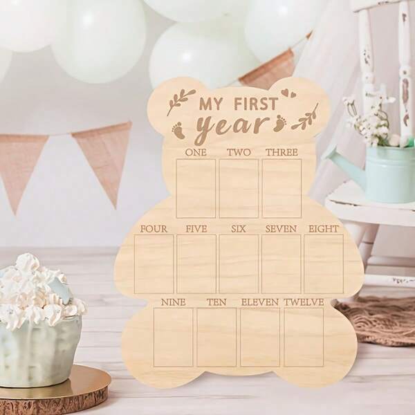 1 Stück Holz Bär Erstes Jahr Meilenstein Fotorahmen, süße Bär Dekoration, vertikaler Posterrahmen, geeignet für Wohnzimmer, idealer Kalenderkarte, 1. Geburtstag Andenken, Geschenk